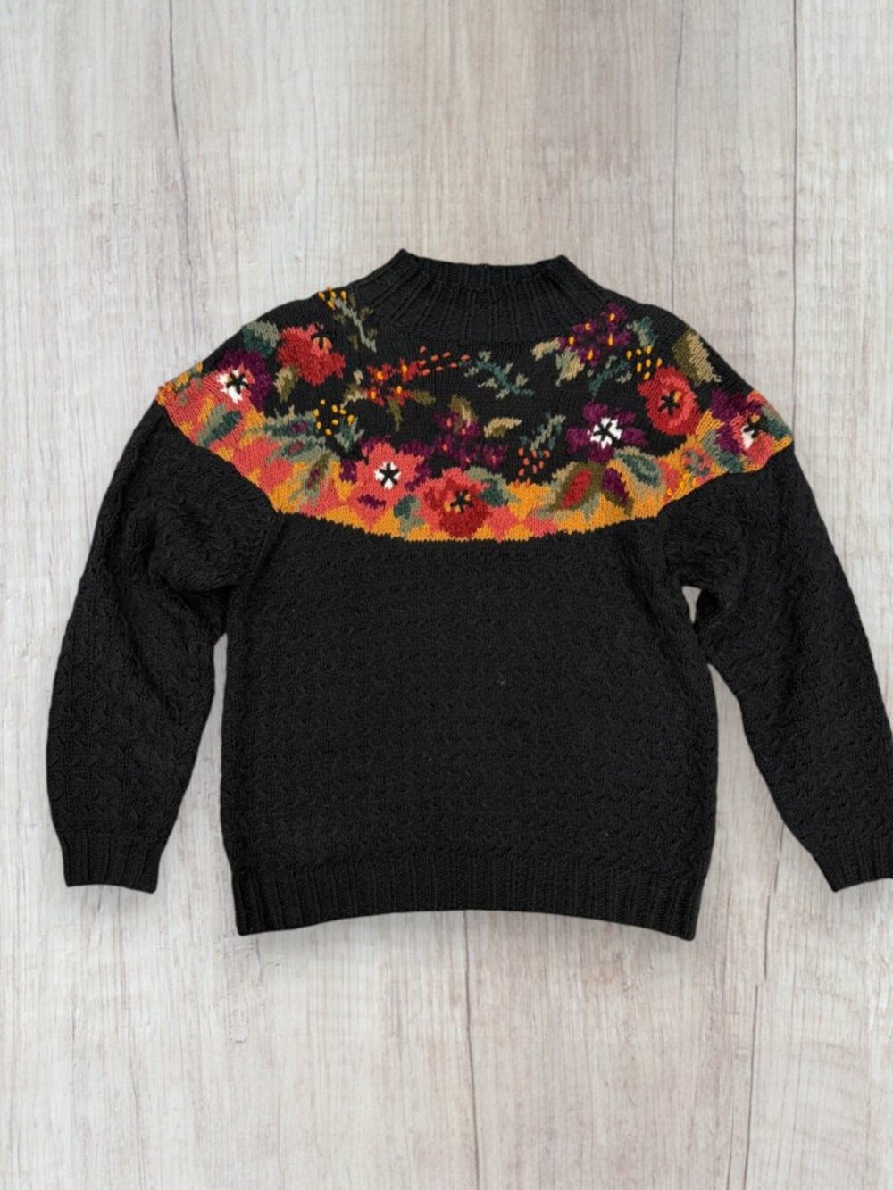 Vintage Jennifer Reed Fall Hand Knit 90s Floral Yoke Mock Neck Sweater Brown L